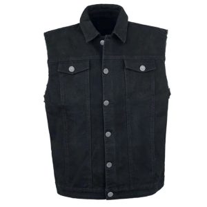 Black Denim Classic Biker Vest For Mens