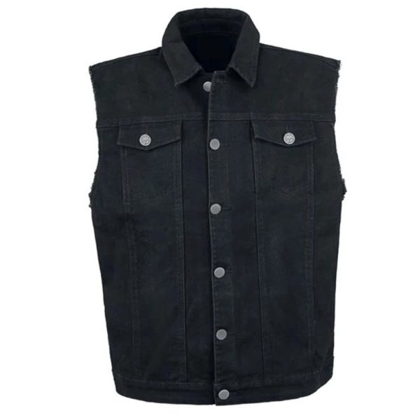 Black Denim Classic Biker Vest For Mens