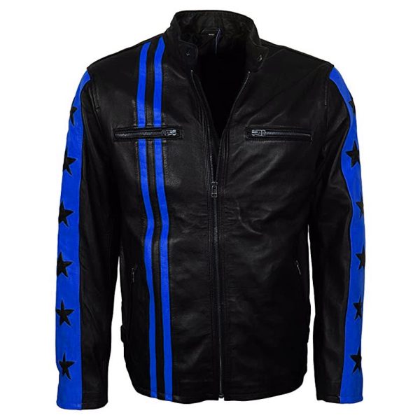 Halloweens Black Blue Biker New Leather Jacket