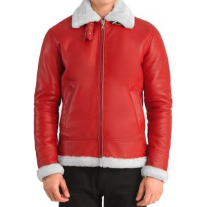 Men's B3 Aviator Red Leather Bomber Fur Jacket