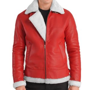 Men's B3 Aviator Red Leather Bomber Fur Jacket