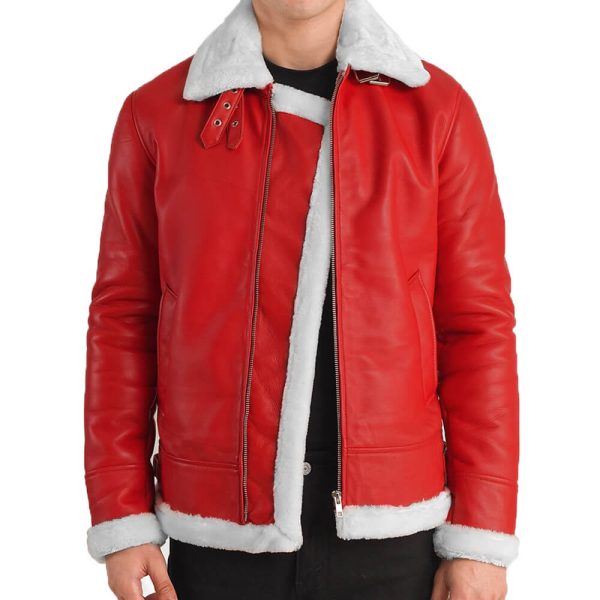 Mens B3 Aviator Red Leather Bomber Fur Jacket