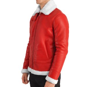 Men's B3 Aviator Red Leather Bomber Fur Jacket