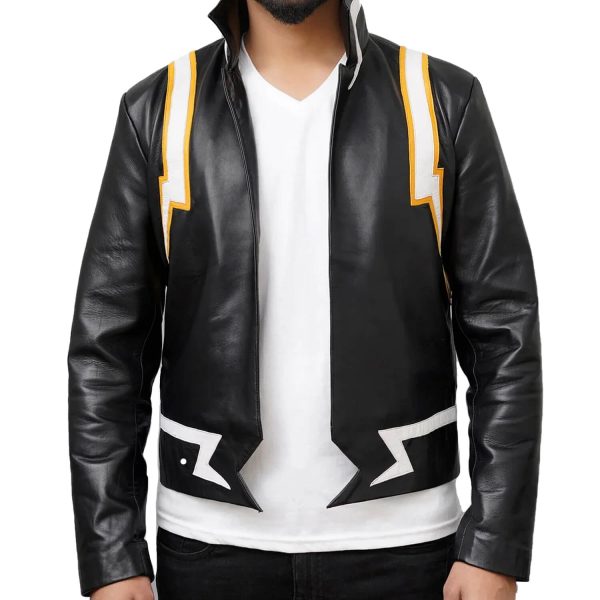 Mens Cafe Racer Black Yellow Leather Jacket