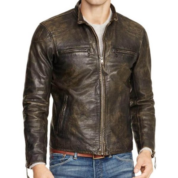 Mens Biker Distressed Brown Leather Jacket