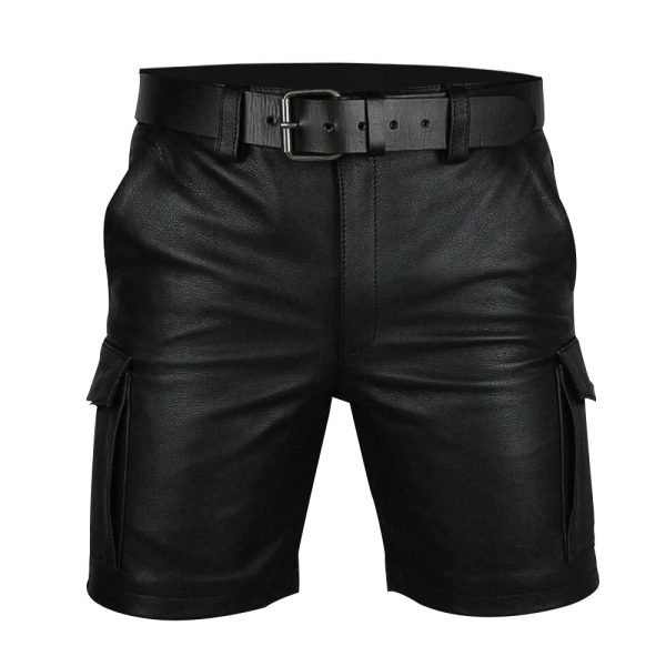 Men's Black Real Leather 6 Pocket Cargo Short