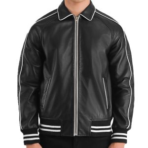 Mens Black Real Leather White Stripe Jacket