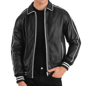 Mens Black Real Leather White Stripe Jacket