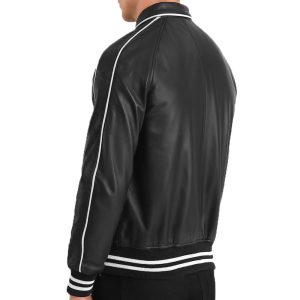 Mens Black Real Leather White Stripe Jacket