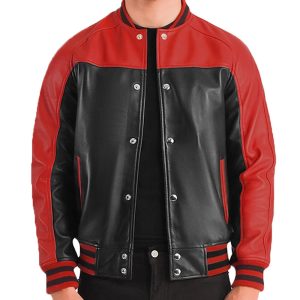 Mens Black Red Bomber Varsity Leather Jacket