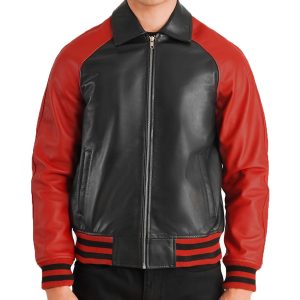 Mens Bomber Varsity Black Red Leather Jacket