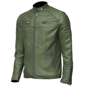 Mens Cafe Racer Motorcycle Green Leather Jacket