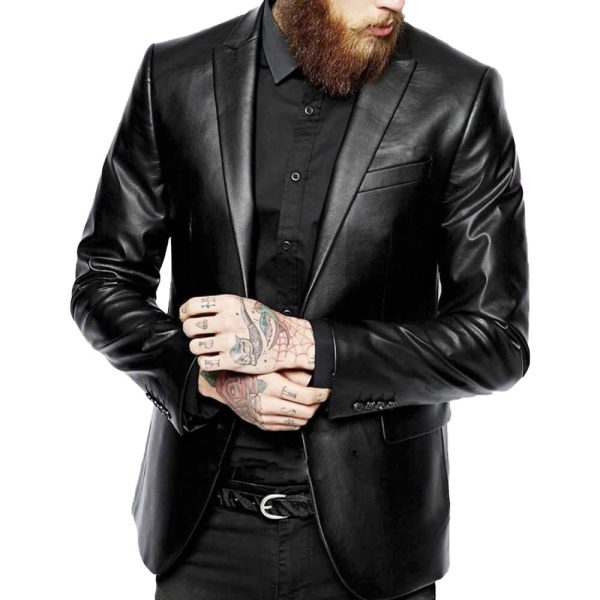 Mens Classic Slim Fit Black Leather Blazer Coat