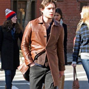 Mens Ed Westwick Brown Leather Trench Coat