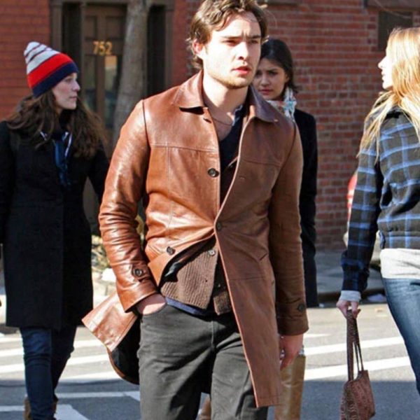 Mens Ed Westwick Brown Leather Trench Coat