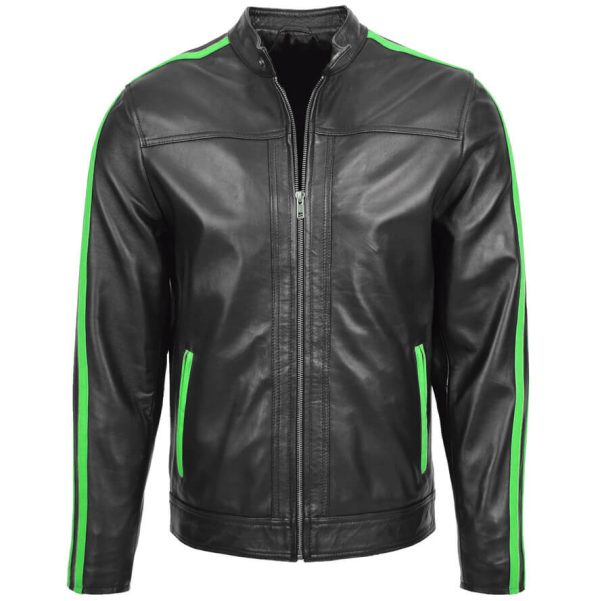 Mens Genuine Black Leather Green Lineage Jacket