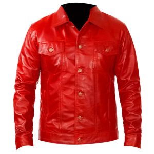 Mens Trucker Jacket Denim Style Red Cowboy Leather Shirt
