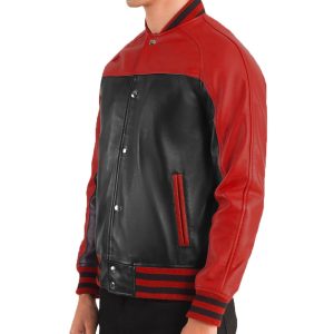 Mens New Black and Red Leather Varsity Jacket