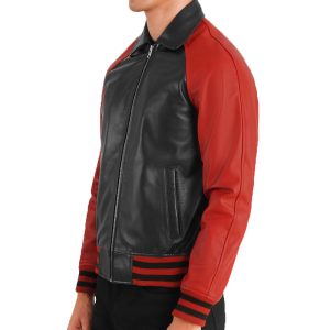 Mens Varsity Bomber Black Red Leather Jacket