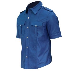 Mens Hot Police Uniform Blue Sexy Shirt