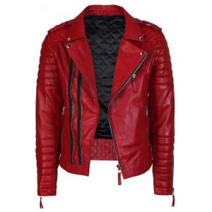 Mens Quilted Red Biker Leather Jacket