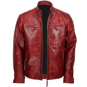 Mens Quilted Maroon Motorcycle Leather Jacket