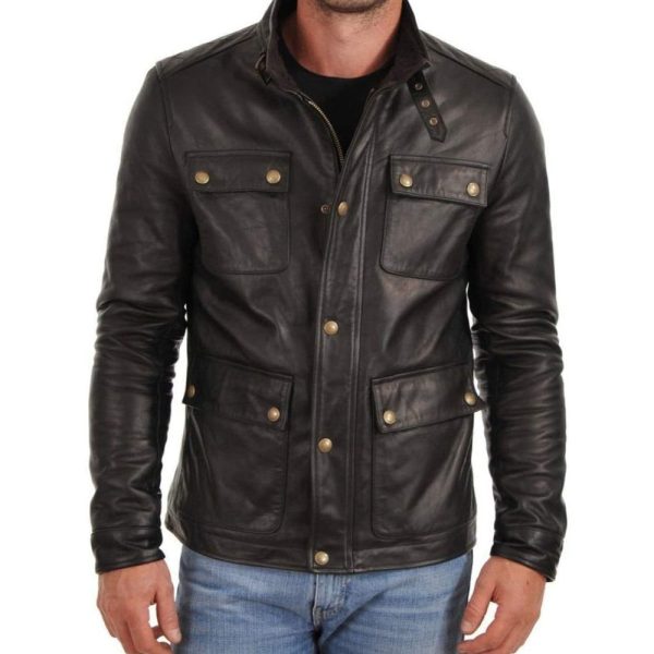 Mens Black Leather Cafe Racer Jacket