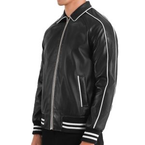 Mens Black Real Leather White Stripe Jacket