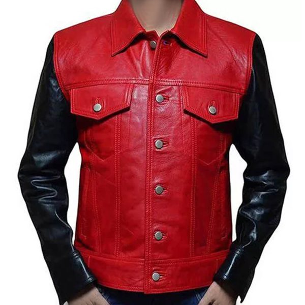 Mens Red and Black Trucker Leather Jacket