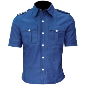 Mens Hot Police Uniform Blue Sexy Shirt