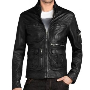 Mens Slim Fit Multi Pocket Black Leather Jacket