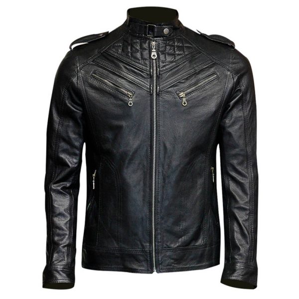 Mens Slim Fit Retro Cafe Racer Black Leather Jacket