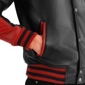 Mens Stylish Black and Red Leather Varsity Bomber Jacket