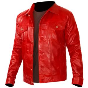 Mens Trucker Jacket Denim Style Red Leather Cowboy Shirt