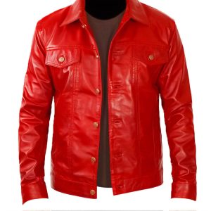 Men Trucker Jacket Denim Style Red Cowboy Shirt