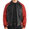 Mens Varsity Bomber Black Red Leather Jacket