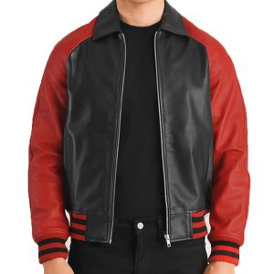 Mens Varsity Bomber Black Red Leather Jacket