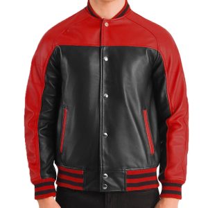 Mens Vintage Black and Red Leather Varsity Bomber Jacket