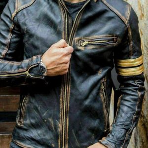 Mens Motorcycle Vintage Cafe Racer Retro Leather Jacket