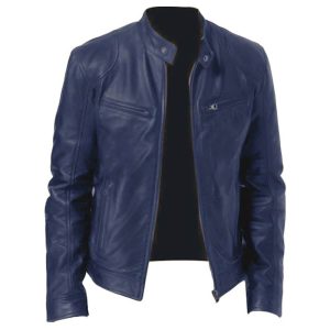 Mens Vintage Slim Fit Blue Leather Jacket