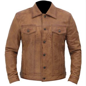 Trucker Style Western Cowboy Tan Brown Leather Jacket