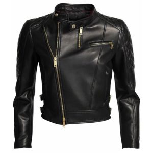 Women Asymmetrical Quilted Black Leather Jacket