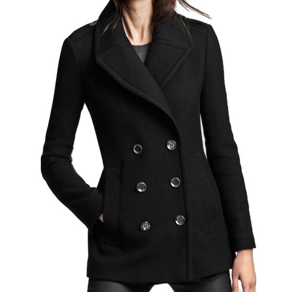 Womens Black Wool Vintage Double Breasted Coat