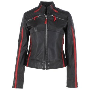 Womens Cafe Racer Red Stripes Leather Jacket