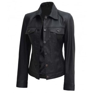 Womens Trucker Denim Style Black Leather Shirt
