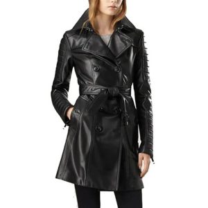Womens Double Breasted Black Leather Coat