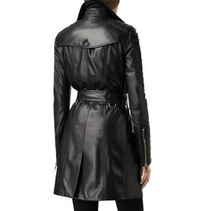 Womens Double Breasted Black Leather Long Overcoat