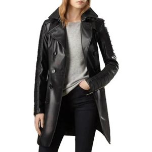 Womens Double Breasted Black Leather Overcoat