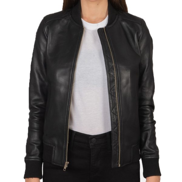 Womens Black Leather Slim Fit Bomber Jacket