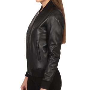 Womens Black Leather Slim Fit Bomber Jacket
